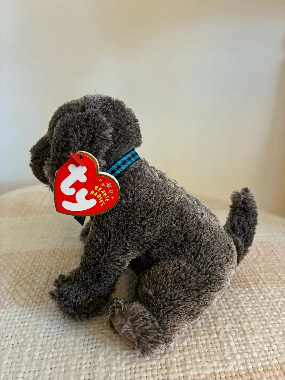 Ty Beanie Babies - “Frisbee” the Gray Dog - Plush Puppy with Blue Plaid Ribbon